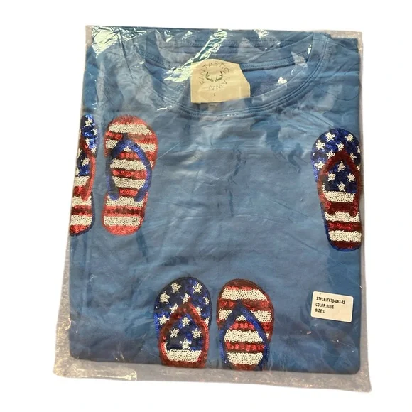Women’s Large tee Fantastic fawn oversized Americana sequin flip flops blue - Picture 3 of 5